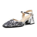 Advbridge Fashion Sequin Bling Bling Ankle Strap Women Slingback Glitter Sandals Square Toe Block High Heels Ladie Party Wedding Shoes 48