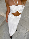 ADVBRIDGE  -  Comfortable Cotton White 2 Piece Sets Fashion Halter Bikini Backless Low Waist Long Dress Suit New Lady Beach Vocation Wear 2025