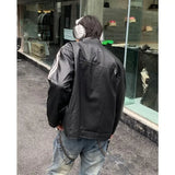 Advbridge Retro Leather Jacket Men Women  American Patchwork Strip Racing Outerwear Loose Hip Hop Zippers Brown PU Coat Streetwear Spring