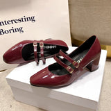 Advbridge 2024 Spring Autumn Women Double Buckle Mary Janes Shoes Patent Leather Dress Square Head Square Heel Solid Color Women's Shoes