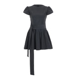 ADVBRIDGE  -  Women Korean A-Line Dress with ‌Belted Tie‌ Gray Crew Neck Short Sleeve Casual Short Dresses Minimalist Streetwear