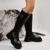 Advbridge Lucyever Fashion Buckle Knee High Boots Women Side Zipper Punk Knight Combat Boots Woman Pu Leather Thick Heels Long Botas