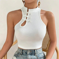 Advbridge-New Hollow Out Knitted Cross Halter Tops Y2k Camisole Women Spring Casual Summer Solid Tank Tops Sleeveless Sexy Crop Tops White