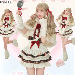 Advbridge Winter Kawaii Lolita Dress Sets Women Bow Hooded Shawl Short Jackets Plaid Patchwork Mini Dresses Korean Christmas New Year Suit