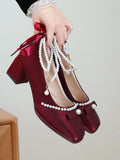Advbridge Bow Sweet Vintage Mary Janes Shoes Women France Style Elegant High Heel Shoes Female Pearl Beading Causal Designer Shoes