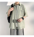 ADVBRIDGE  -  Men's Vertical Stripe Lapel Textured Loose-Fit Short Sleeve Shirt Casual Breathable Top Comfortable Wear, Trendy Summer Style