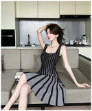 ADVBRIDGE  -  French Elegant Knitted Dress Women Black Sexy Stripe Fashion Square Collar Strap Knitting Dresses Casual Korean Style Feminine