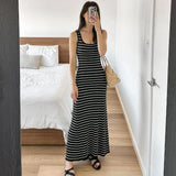 Advbridge Black White Striped Knitted Beach Dress Women Elegant Casual Sleeveless Loose Long Dresses Summer Holiday Vacation Outfits 2024