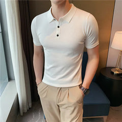 Advbridge -  Summer New Men Short Sleeve Solid Polos Knitted T-Shirt Male British Style Slim Fit Business Formal Shirts L33