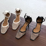 ADVBRIDGE  -  Luxury Mesh Rhinestone Designer Sandals Fashion Buckle Ankle Strap Square Toe women Slide Sandals summer Sexy Hollow Ladies Shoe