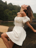 ADVBRIDGE  -  White Waist Lace-up Mini Dress Women Drawstring Off Shoulder Puff Sleeve A-line Dresses Summer Simple Casual Fashion Vestidos