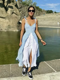 Advbridge Single Breasted Plaid Blue Summer Women Dress Spaghetti Strap Midi Casual Female Vestidos 2024 Cotton Slip Dress New