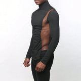 Advbridge Mens Sexy Tight-Fitting Sports Fitness Mesh Long-Sleeved Tops Autumn Nightclubs Perspective Stitching Stretch Turtleneck Tops