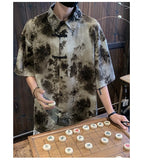 ADVBRIDGE  -  Mens Chinese Traditional Mountain Painting Printed Tang Shirts Frog Button Down Kong Fu Short Sleeve Summer Clothing Male XXXXXL