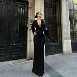 ADVBRIDGE  -  Solid Colour Sexy Knit Cut Out Holiday Beach Casual Long Dresses Women's 2025 Summer Sexy V-Neck Long Sleeve Bodycon Maxi Dress