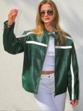 Advbridge Vintage Green White Patchwork Zipper Leather Jacket Chic Stand Collar Long Sleeve Cropped Coats Lady Autumn High Streetwear