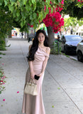 ADVBRIDGE  -  French Elegant Chic Women's Dresses Solid Satin Inclined Shoulder Pleated Slim Wasit Mermaid Dress Party Prom Female Clothes New