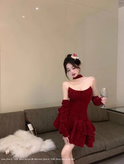 Advbridge -  Sweet Hot Girl Sequin Velvet Evening Dress for Women's Autumn and Winter Slim Fit Strapless A-line Dress Fashion Female Clothes