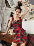 Advbridge Dress Women Adjustable Buckle Strap Mini Sexy Red plaid Dress Sash Zippered Short Dess vestido de festa robe de femme