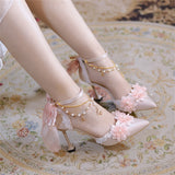 Advbridge French Sweet Vintage Girls Shoes Cosplay Pink Elegant Lace Flower Pearls Pointed Sandals Bandages Bowknot 8cm High Heel Shoes