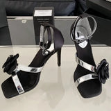 ADVBRIDGE  -  Luxury Rose Decoration Women Sandals Square Toe Belt Buckle Open Toe Heels Summer Fashion Ankle Strap Thin Heeled Slide Sandals