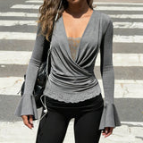 ADVBRIDGE  -  Temperament French High Street Sexy Deep V Neck Long Sleeve Shirt Fashion Cross Pleated Design Lazy Fake 2 Piece Y2k Elegant Top