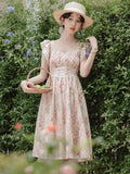ADVBRIDGE  -  Women's Pink Sweet Dress Summer French Romantic Fairy Dresses for Elegant Square Collar Lace Printed Retro Vestidos be mujer