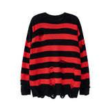 Advbridge High Street Retro Punk Red and Black Stripes Autumn Sweater Men Loose Ripped Hole Tassel Pullover Round Neck Casual Clothes