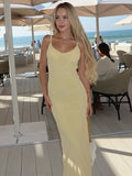 ADVBRIDGE  -  Elegant Solid V Neck Long Dress Chic Slim Fit Sleeveless Off Shoulder Robes New Women's Summer Vacation Beach Party Vestidos