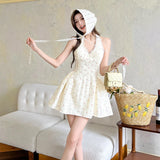 ADVBRIDGE  -  French Style Sweet Mini Dresses Women Apricot Lace Halter V-neck Elegant Party Dress Summer Pink Print Retro Vestido Kawaii Lady