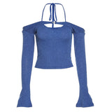 Advbridge  Y2K Knitted Halter Cami Tops And Flare Sleeve Shrug Set Blue Sweater Set Shawl Stacked 2 Piece Set Long Sleeve