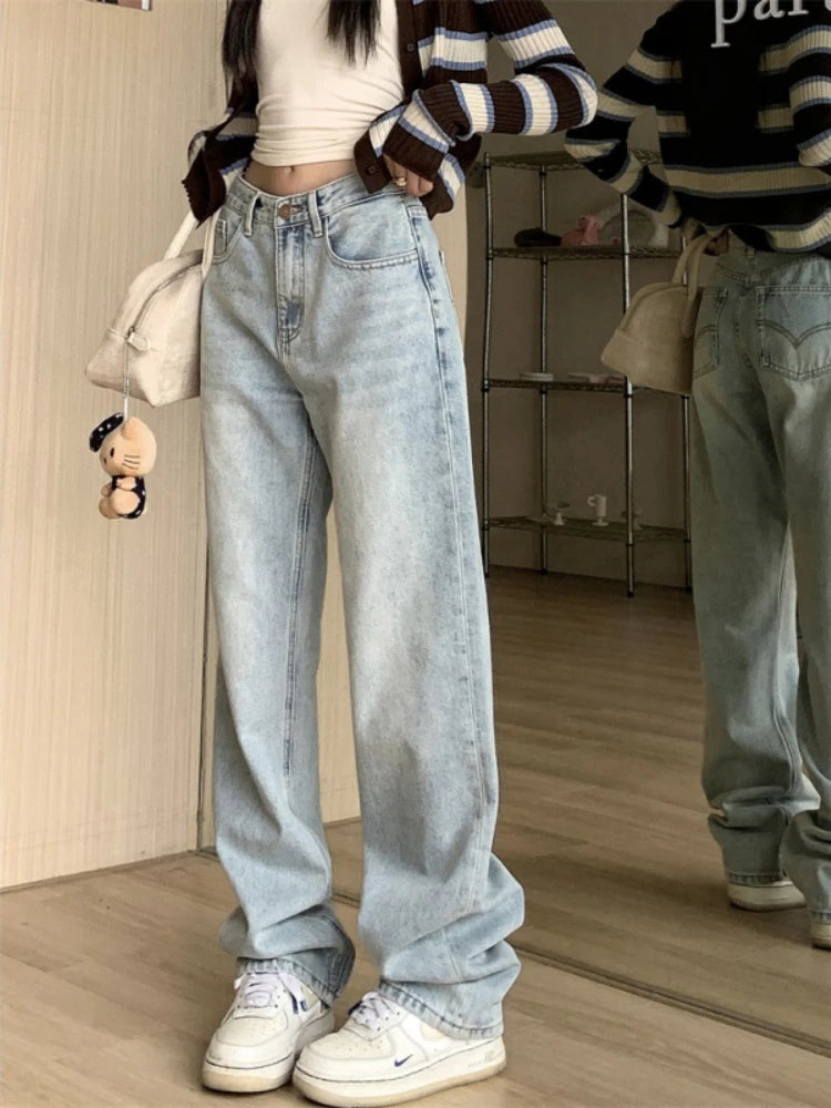 Advbridge Vintage 90s Jeans Women Y2k High Waist Light Blue Straight Pants Casual Streetwear Distressed Loose Floor Length Trousers