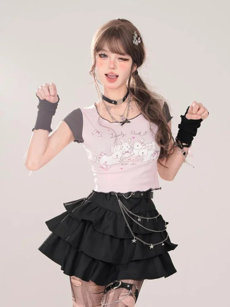 Advbridge Black Gothic Mini Skirts Women Punk Y2k Grunge Short Skirt Korean Harajuku Kawaii 2000s A-line Cake Skirts Aesthetic