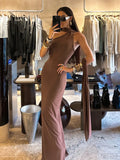 ADVBRIDGE  -  Elegant Fashion Solid Scarf Collar Split Dress Slim Solid One-Shoulder Sleeveless Maxi Dresses For Women 2025 Summer