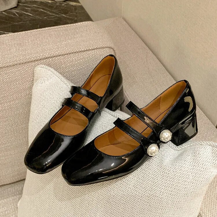 Advbridge New Spring Mary Jane Shoes Casual Shoes Chunky Heels Shoes for Women Square Toe Women Pumps Zapatos Mujer Large Size 34-43