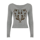 ADVBRIDGE  -  Personality Chic Big V Neck Long Sleeve Sweaters American Temperament Print Autumn Knitted Clothes Y2k High End Basic Pullovers