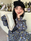 Advbridge  Chic French Vintage Robes Lace Splicing Point Collar Floral Dresses Loose Puff Sleeve Long Dress Female Fashion Vestido