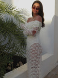ADVBRIDGE  -  Sexy Hollow Out See Through Long Dress Chic White Lace Long Sleeve Off Shoulder Robes New Female Summer Party Club Gowns 2025
