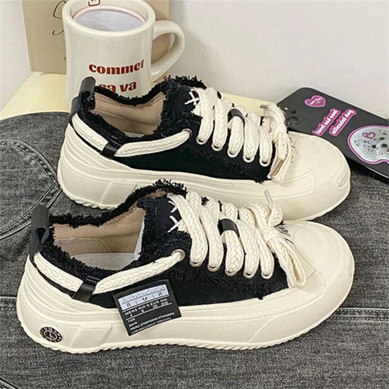 Advbridge Woman Vulcanized Shoes Canvas Sneakers Ladies Flats Shoes Black Spring Autumn Platform Sneakers Women Lace Up Sports Sneakers