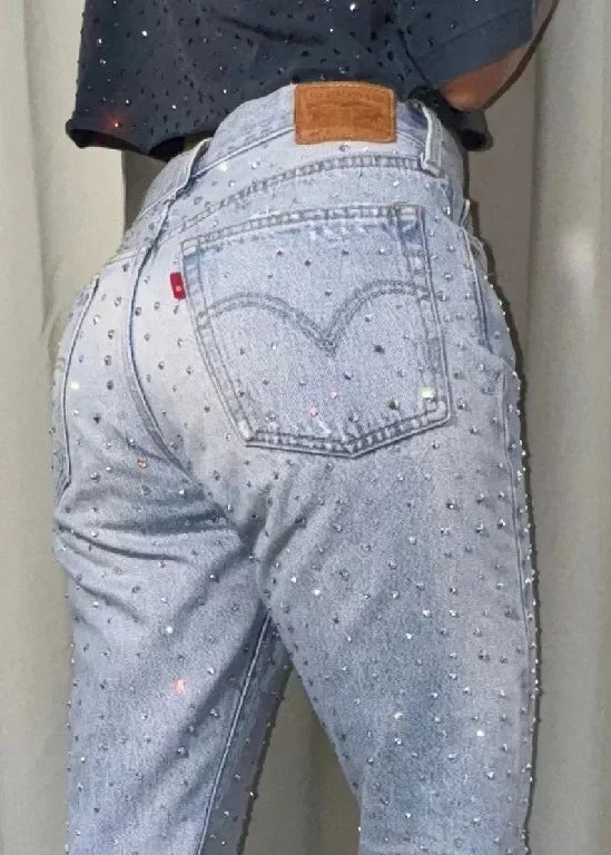 Advbridge American Jeans Y2K Pants Womens Gothic Hip Hop Pocket Sequins Rhinestone Retro Blue Jeans Fashion Slim High Waist Trousers