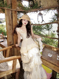 Advbridge Woman French Elegant Midi Dress Even Party Holiday Fairy Cake Dress Casual Beach Pure Color Korean Fashion Dress Slim Design