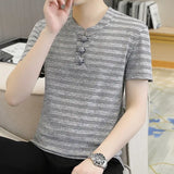 ADVBRIDGE  -  Short-sleeved Thin Ice Silk New Striped Half-sleeved Summer V-neck Top Popular Men's T-shirt