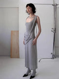 Advbridge Grey Large U-Neck Pure Cotton Dress For Women, Casual And Comfortable, With Irregular Waistband And Slimming Long Skirt