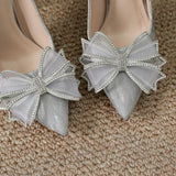 Advbridge  New Thin Heel Pointed Head Shallow Mouth Silver Sexy Wedding Shoes High Heels Fairy Style Bow Office Single Shoes
