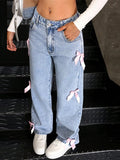 Advbridge Women Bowknot Jeans Pants Y2k Loose Straight Blue Baggy Aesthetic Washed Jeans Female 2025 Spring Fashion Lady Denim Trousers