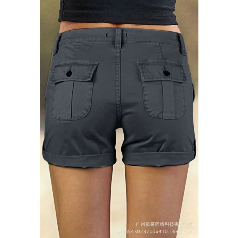 Advbridge Women Mid Waist Straight Short Pants Solid Color Pocket Stitching Shorts Summer Streetwear Fashion Cargo Shorts