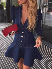 Advbridge Denim Dresses Women Summer 2024 New Fashion Casual Bright Line Decoration Long Sleeves button Ruffle Hem Bodycon Mini Dresses