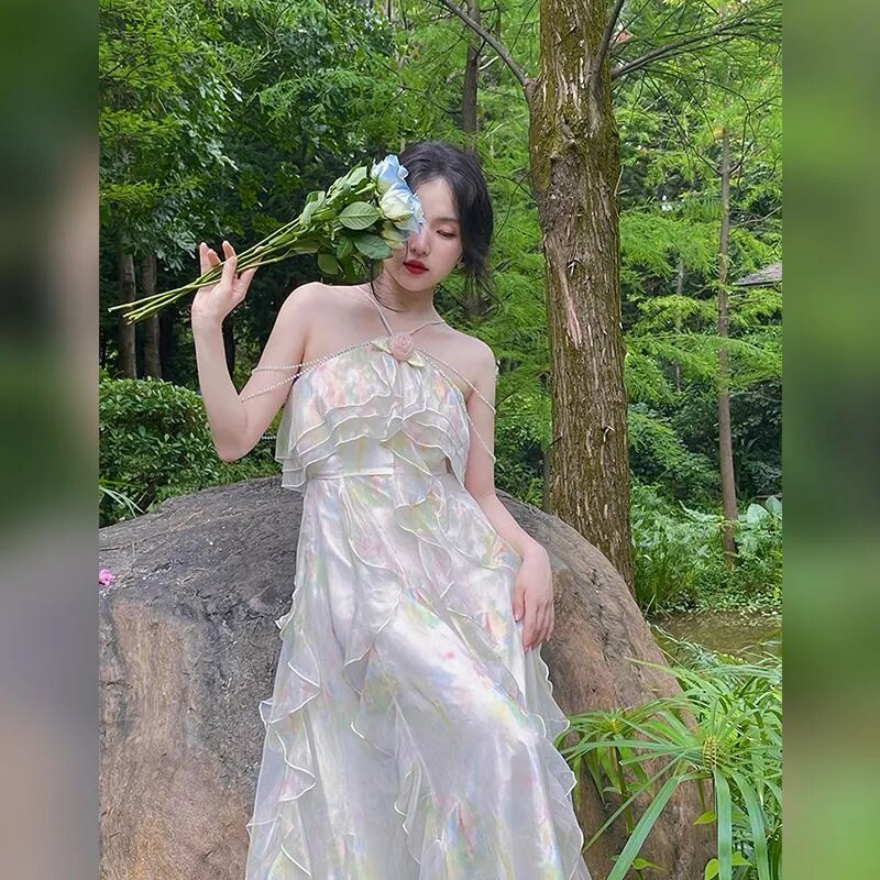 Advbridge France Vintage Sweet Tie-dyed Fairy Dress Summer Women Elegant Chic Ruffles Princess Dresses Female Casual Beach Vestidos