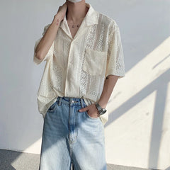 Advbridge Men's Fashionable Korean Style Hollow Out Turn-down Collar Trendy Single Breasted Short Sleeve 2024 Summer New Lace Top