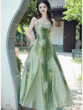 ADVBRIDGE  -  French Fashion Evening Dresses Women Retro New Chinese Style Ink Print Patchwork V-neck Elegant Sling Dress Summer Green Vestido